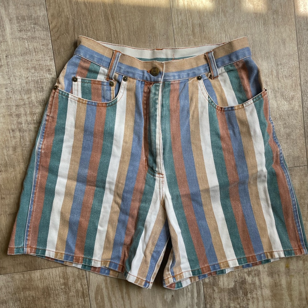 Vintage Red Rover High-waisted Striped Multicoloured Loose Denim Mom Shorts